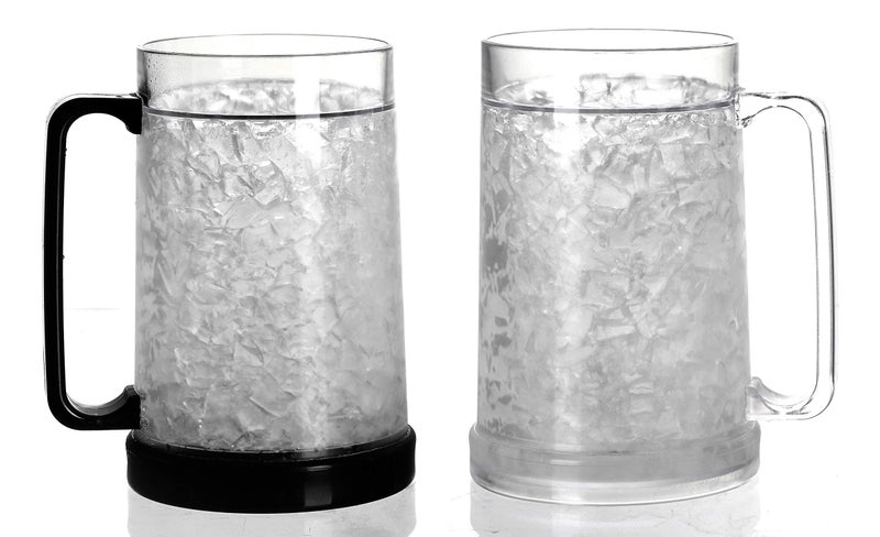 EASICOZI Double Wall Gel Frosty Freezer Ice Mugs Clear 16oz Set of 2 (Black and White) - Image 1
